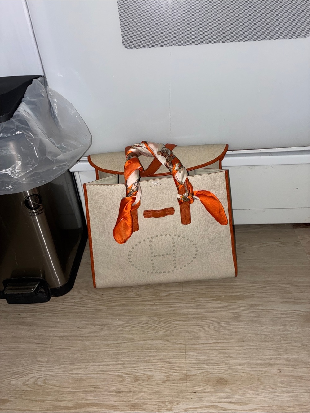 Women's Ivory and Orange Tote Bag leather